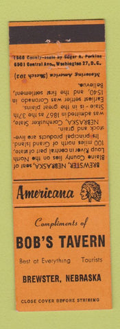 Matchbook Cover - Bob's Tavern Brewster NE Perkins Americana ORANGE