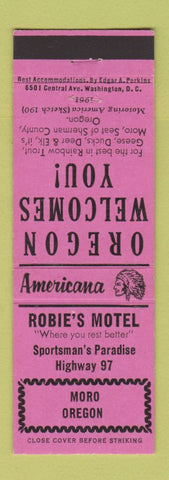 Matchbook Cover - Robie's Motel Moro OR Perkins Americana PINK