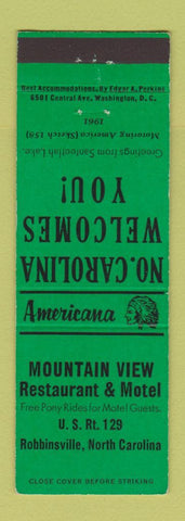 Matchbook Cover - Mountain View Motel Robbinsville NC Perkins Americana GREEN