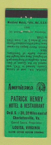 Matchbook Cover - Patrick Henry Hotel Louisa VA Perkins Americana GREEN