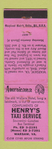 Matchbook Cover - Henry's Taxi Warsaw VA Perkins Americana PINK WEAR