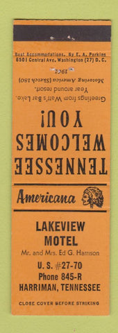 Matchbook Cover - Lakeview Motel Harriman TN Perkins Americana ORANGE