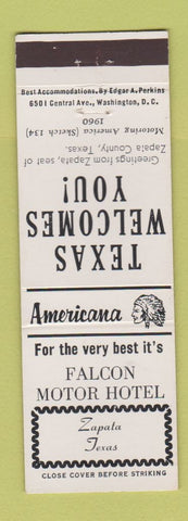 Matchbook Cover - Falcon Motor Hotel Zapata TX Perkins Americana WHITE