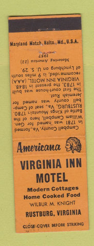 Matchbook Cover - Virginia Inn Motel Rustburg VA Perkins Americana ORANGE