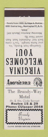 Matchbook Cover - Brandy Way Motel Brandy VA Perkins Americana WHITE
