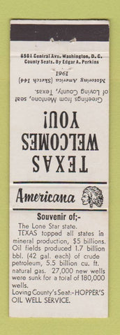 Matchbook Cover - Hopper's Oil Well Service Loving TX Perkins Americana WHITE