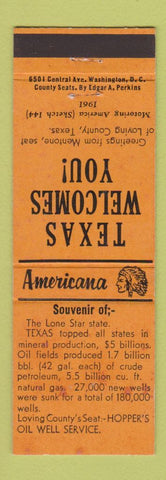 Matchbook Cover - Hopper's Oil Well Service Loving TX Perkins Americana ORANGE