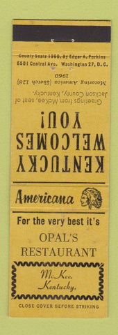 Matchbook Cover - Opal's Restaurant McKee KY Perkins Americana YELLOW