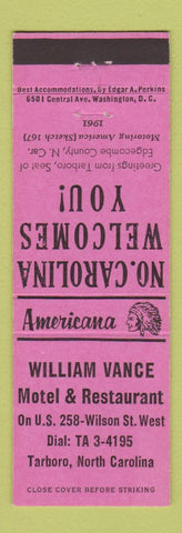 Matchbook Cover - William Vance Motel Tarboro NC Perkins Americana PINK