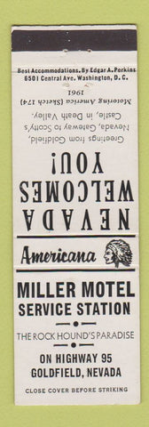 Matchbook Cover - Miller Motel oil gas Goldfield NV Perkins Americana WHITE
