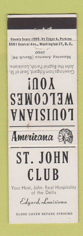 Matchbook Cover - St John Club Edgard LA Perkins Americana WHITE