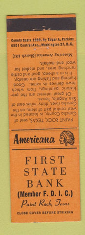 Matchbook Cover - First State Bank Paint Rock TX Perkins Americana ORANGE