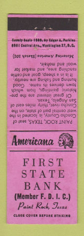 Matchbook Cover - First State Bank Paint Rock TX Perkins Americana PINK