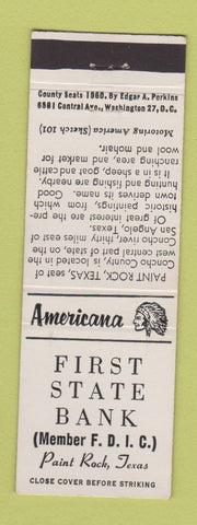 Matchbook Cover - First State Bank Paint Rock TX Perkins Americana WHITE