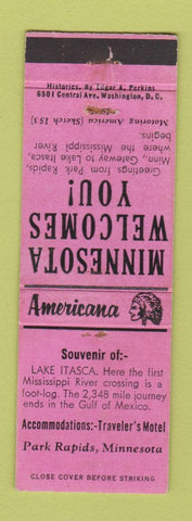 Matchbook Cover - Traveler's Motel Park Rapids MN Perkins Americana PINK WEAR
