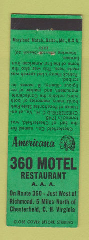 Matchbook Cover - 360 Motel Chesterfield VA Perkins Americana GREEN