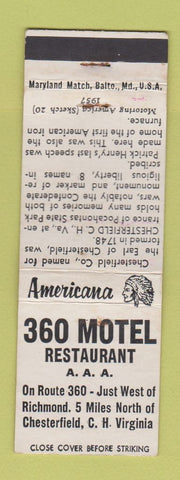 Matchbook Cover - 360 Motel Chesterfield VA Perkins Americana WHITE WEAR