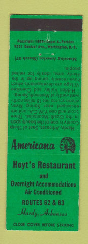Matchbook Cover - Hoyt's Restaurant Hardy AR Perkins Americana GREEN