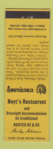Matchbook Cover - Hoyt's Restaurant Hardy AR Perkins Americana YELLOW