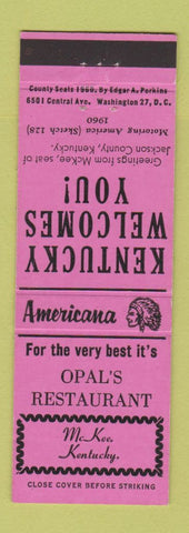 Matchbook Cover - Opal's Restaurant McKee KY Perkins Americana PINK