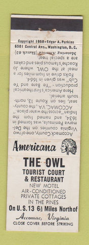 Matchbook Cover - Owl Motel Accomac VA Perkins Americana WHITE