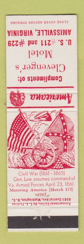 Matchbook Cover - Clevenger's Motel Amissville VA Civil War Perkins Americana
