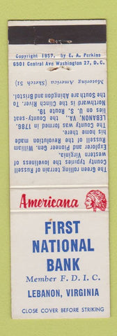 Matchbook Cover - First National Bank Lebanon VA Perkins Americana WHITE