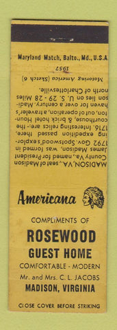 Matchbook Cover - Rosewood Guest Home Madison VA Perkins Americana YELLOW WEAR