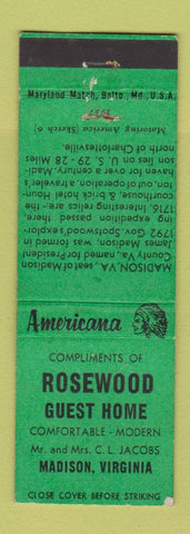 Matchbook Cover - Rosewood Guest Home Madison VA Perkins Americana GREEN