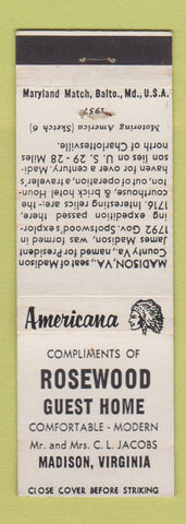Matchbook Cover - Rosewood Guest Home Madison VA Perkins Americana WHITE WEAR