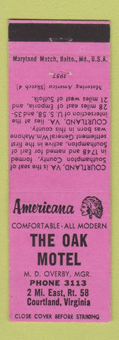 Matchbook Cover - Oak Motel Courtland VA Perkins Americana PINK
