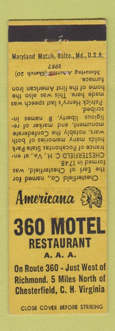 Matchbook Cover - 360 Motel Chesterfield VA Perkins Americana YELLOW