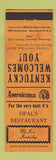 Matchbook Cover - Opal's Restaurant McKee KY Perkins Americana ORANGE