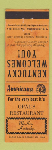 Matchbook Cover - Opal's Restaurant McKee KY Perkins Americana ORANGE