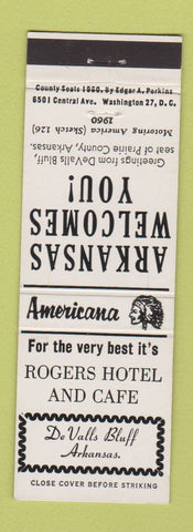 Matchbook Cover - Rogers Hotel De Valls Bluff AR Perkins Americana WHITE