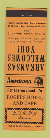Matchbook Cover - Rogers Hotel De Valls Bluff AR Perkins Americana ORANGE