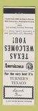 Matchbook Cover - Turner's Texaco oil gas Lipscomb TX Perkins Americana WHITE