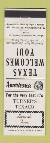 Matchbook Cover - Turner's Texaco oil gas Lipscomb TX Perkins Americana WHITE