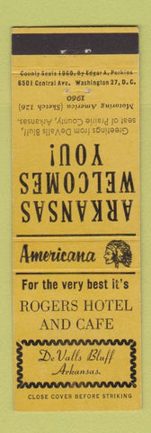 Matchbook Cover - Rogers Hotel De Valls Bluff AR Perkins Americana YELLOW