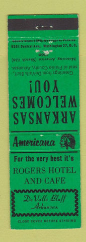 Matchbook Cover - Rogers Hotel De Valls Bluff AR Perkins Americana GREEN