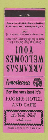 Matchbook Cover - Rogers Hotel De Valls Bluff AR Perkins Americana PINK
