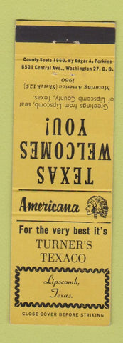 Matchbook Cover - Turner's Texaco oil gas Lipscomb TX Perkins Americana YELLOW