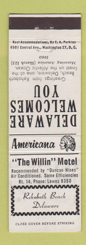 Matchbook Cover - Willin Motel Rehoboth Beach DE Perkins Americana WHITE