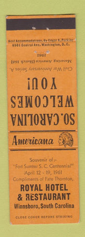 Matchbook Cover - Royal Hotel Winnsboro SC Perkins Americana ORANGE