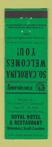 Matchbook Cover - Royal Hotel Winnsboro SC Perkins Americana GREEN