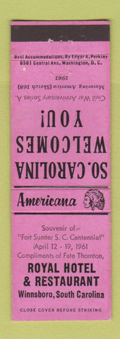 Matchbook Cover - Royal Hotel Winnsboro SC Perkins Americana PINK
