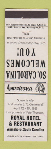 Matchbook Cover - Royal Hotel Winnsboro SC Perkins Americana WHITE