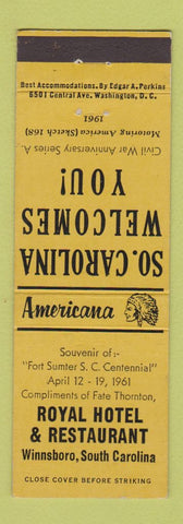 Matchbook Cover - Royal Hotel Winnsboro SC Perkins Americana YELLOW