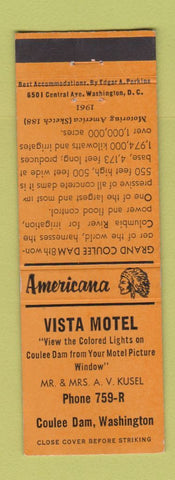 Matchbook Cover - Vista Motel Coulee Dam WA Perkins Americana ORANGE