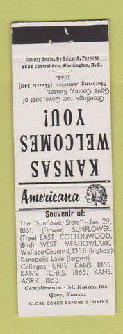 Matchbook Cover - Kaiser Insurance Gove KS Perkins Americana WHITE